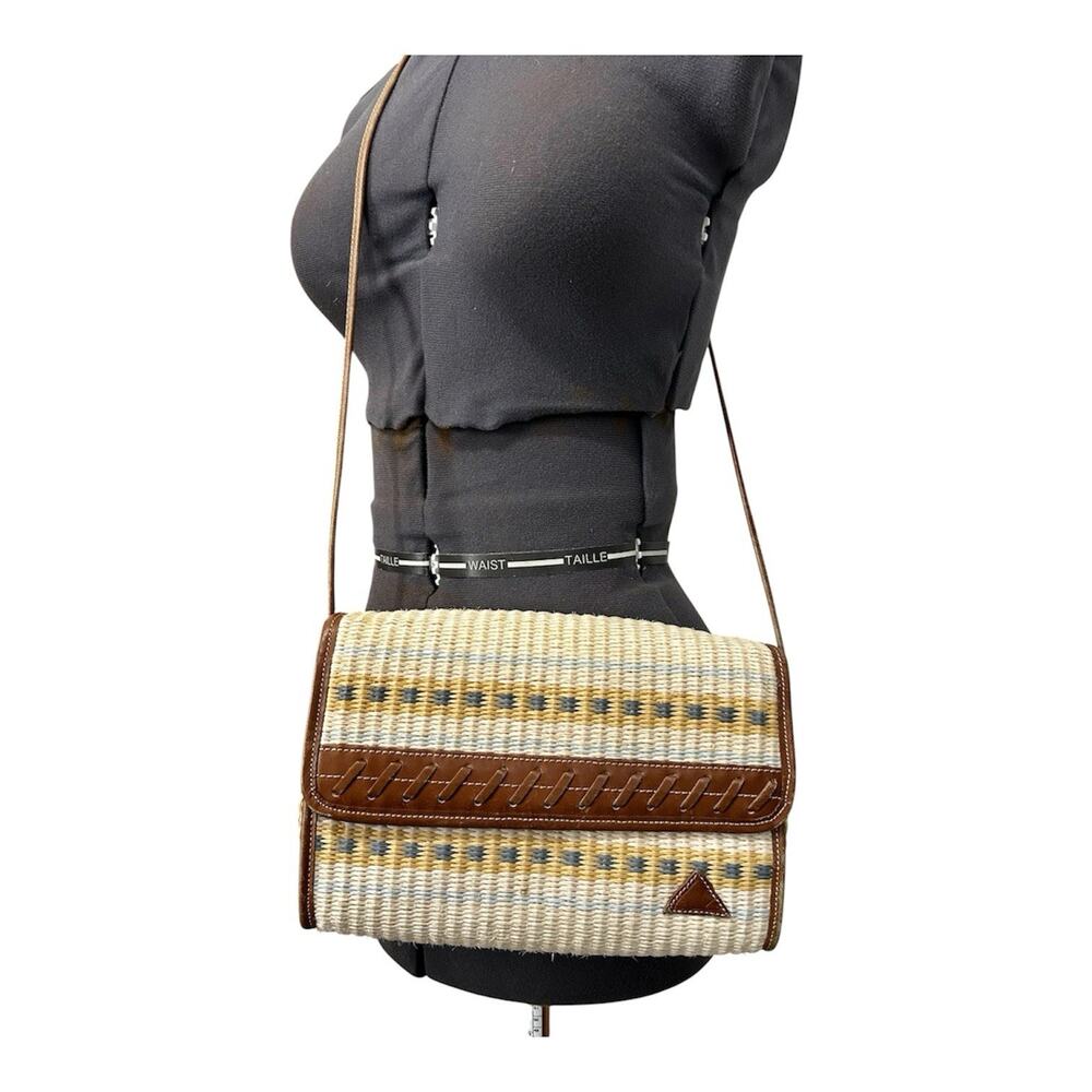 Liz Claiborne Multi Color Boho Straw Crossbody Purse Leather Trim Vintage 80s